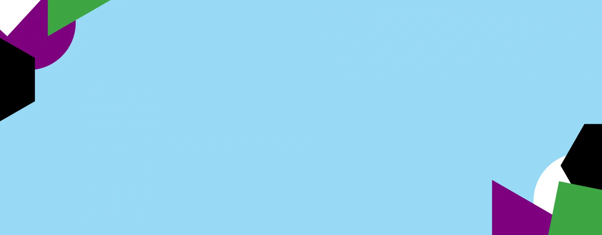 Blue background image with purple, green, black, and white designs