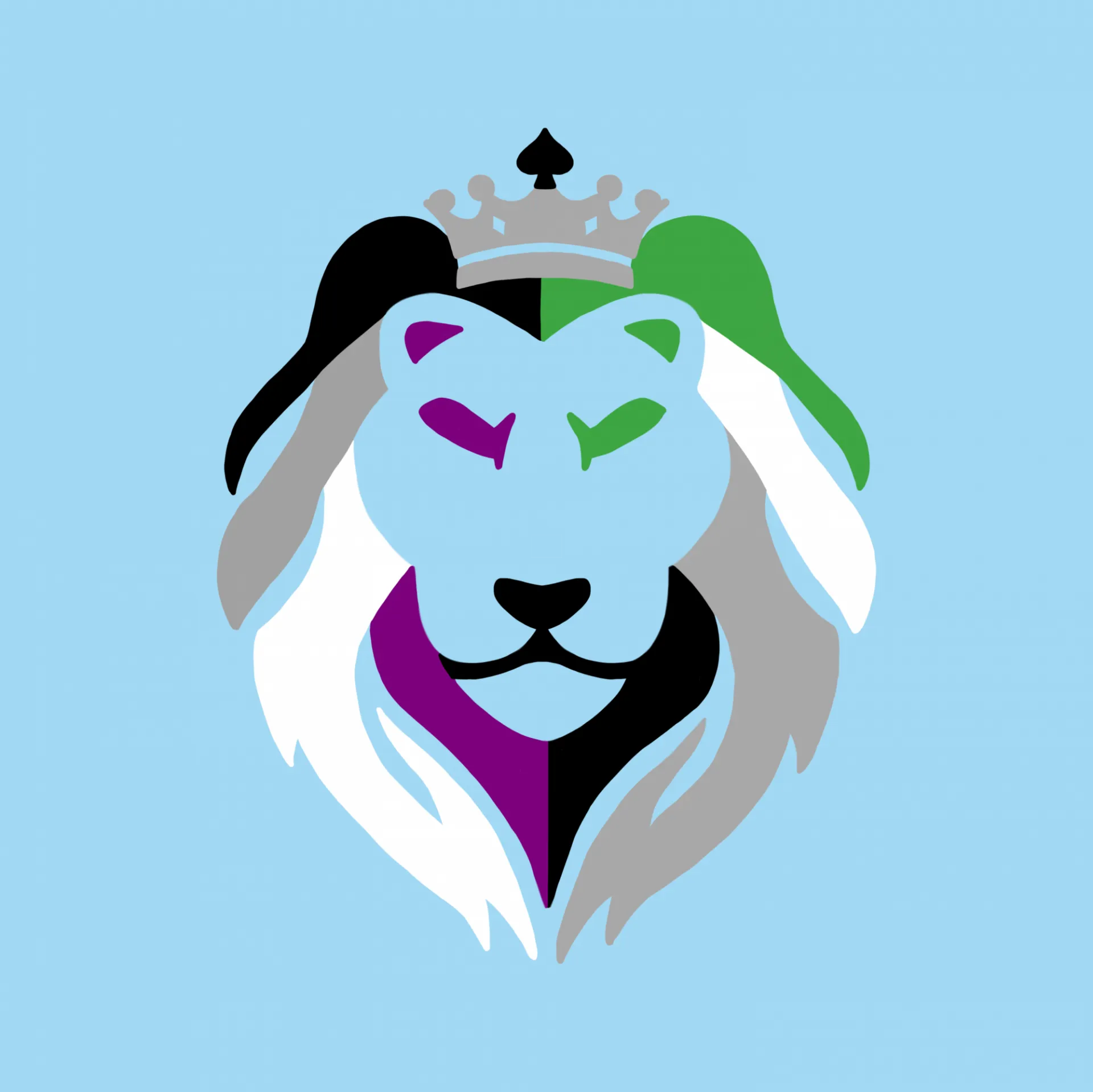 ColumbiAces Logo: a purple, green, white, grey, and black lion