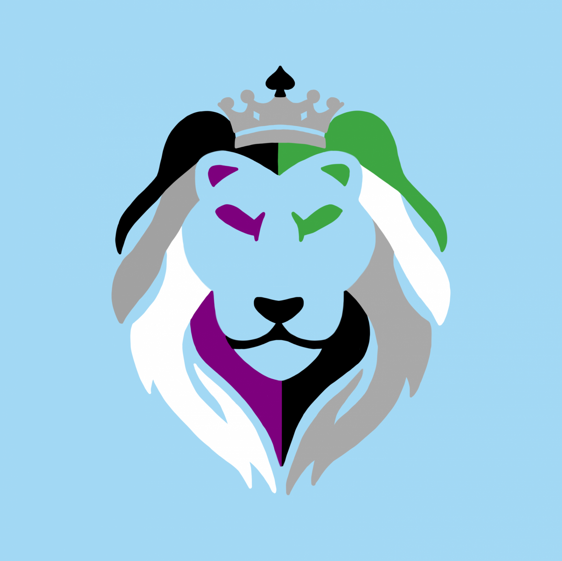 ColumbiAces Logo: a purple, green, white, grey, and black lion